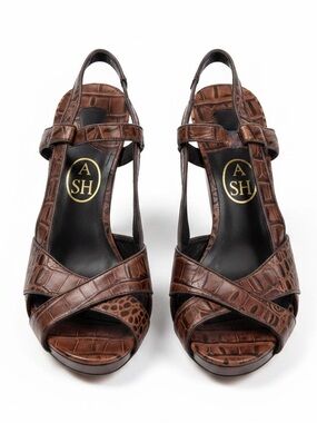 Ash Croc Embossed Brown Leather Slingback Heels Resort Sandals EU 38 (US 7.5-8)